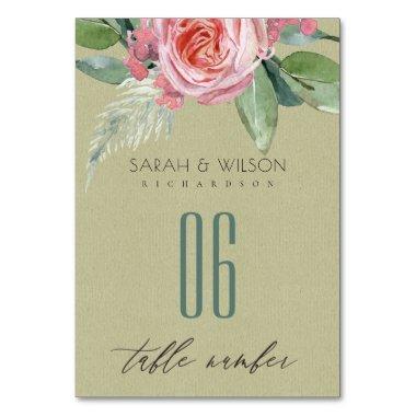WATERCOLOUR PINK FLOWER GREEN FOLIAGE TABLE TABLE NUMBER