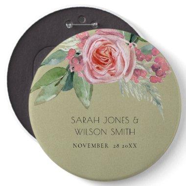 WATERCOLOUR PINK FLOWER GREEN FOLIAGE WEDDING PINBACK BUTTON