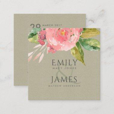 WATERCOLOUR PINK FLOWER GREEN FOLIAGE WEDDING SQUARE BUSINESS Invitations
