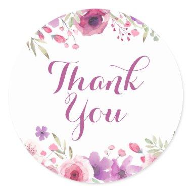 Watercolour Roses Greenery Floral Thank You Classic Round Sticker