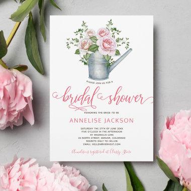 Watering can sage blush pink roses bridal shower Invitations
