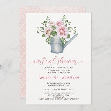 Watering can sage blush pink roses virtual shower Invitations