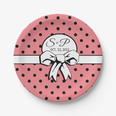 Watermelon Pink Black Dots White Bow Personalized Paper Plates
