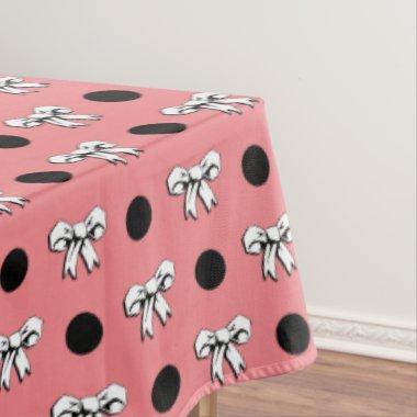 Watermelon Pink with Black Polka Dots White Bows Tablecloth