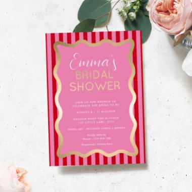 Wave Pink red Stripe Bridal Shower Foil Invitations