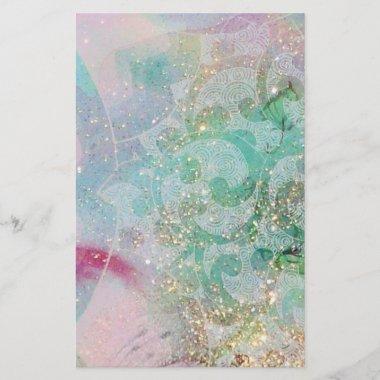 WAVES/ ABSTRACT FLORAL SWIRLS Gold Teal Blue Green Stationery