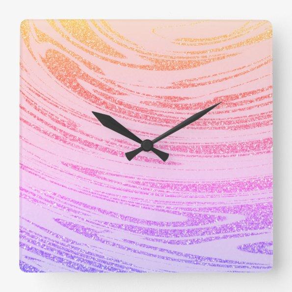Waves Abstract Pink Rose Gold Glitter Pattern Gift Square Wall Clock