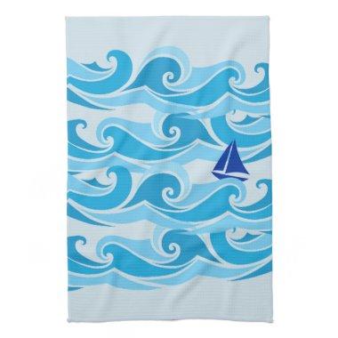 Waves and sail boat in the Ocean Kitchen Towel