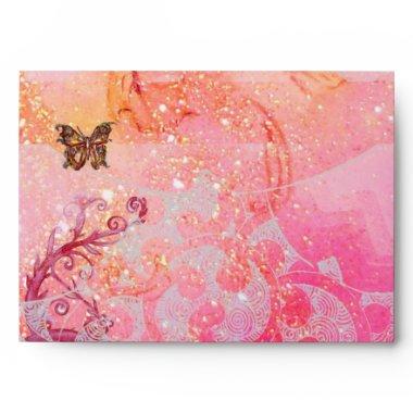 WAVES / GOLD BUTTERFLY IN PINK SPARKLES AND SWIRLS ENVELOPE