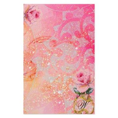WAVES ,PINK ROSES IN GOLD SPARKLES AND SWIRLS STATIONERY