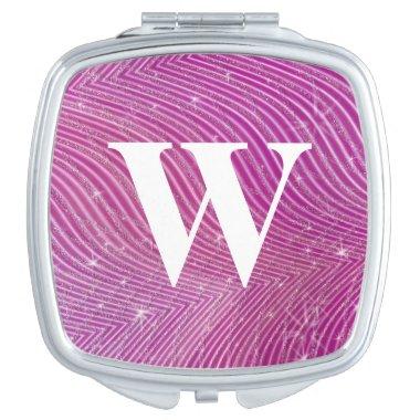 Wavy Chevron Hot Pink Wedding Glitter Monogram Compact Mirror