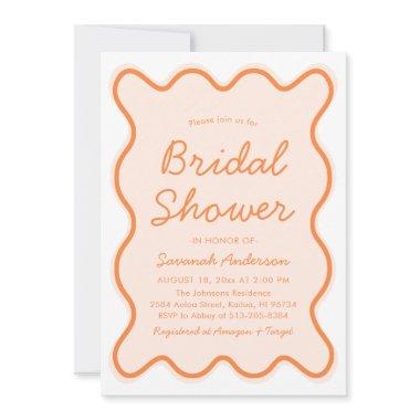 Wavy Modern Curvy Retro Peach Fuzz Bridal Shower Invitations