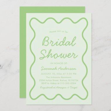 Wavy Modern Curvy Retro Sage Green Bridal Shower Invitations