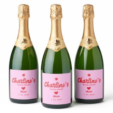 Wavy Pink Red Handwriting Retro  Sparkling Wine Label