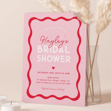 Wavy Retro Pink and Red Modern Bridal Shower Invitations