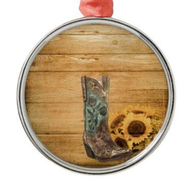 Weathered Western Country sunflower cowboy boot Metal Ornament