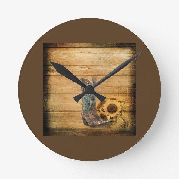 Weathered Western Country sunflower cowboy boot Round Clock