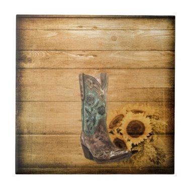 Weathered Western Country sunflower cowboy boot Tile