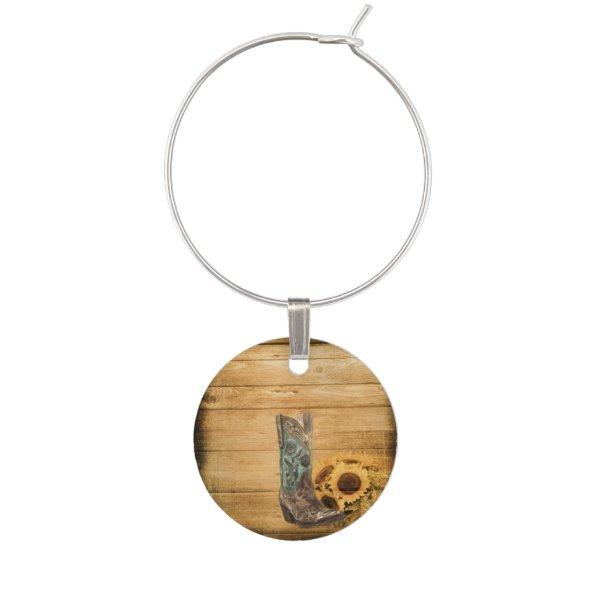 Weathered Western Country sunflower cowboy boot Wine Glass Charm