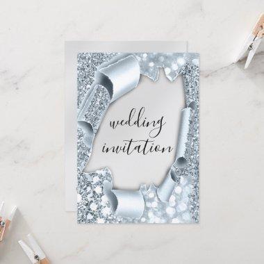 Wedding 3D Cart Effect Elegant Silver Glitter Blue Invitations