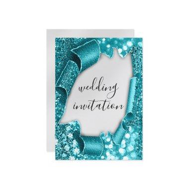 Wedding 3D Cart Effect Elegant Silver Teal Glitter Invitations