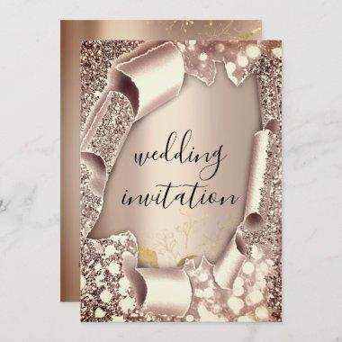 Wedding 3D Cart Effect Frame Florals Rose Gold Invitations