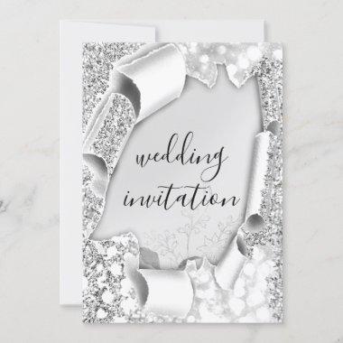 Wedding 3D Cart Effect Frame Florals Silver Gray Invitations