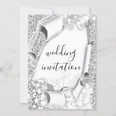 Wedding 3D Cart Effect White Frame Florals Silver Invitations