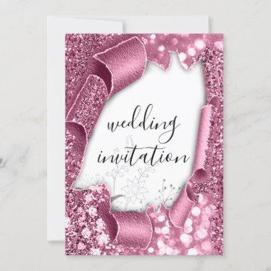 Wedding 3D Cart Effect White Rose Glitter Floral Invitations