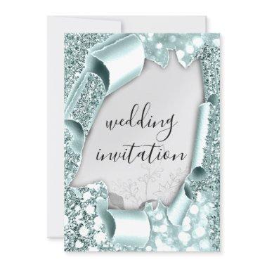 Wedding 3D Effect Frame Florals Silver Aqua Mint Invitations