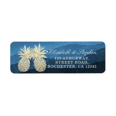 Wedding Address Modern Golden Pineapples Navy Blue Label