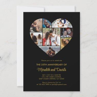 Wedding Anniversary Heart Photo Collage Black Invitations