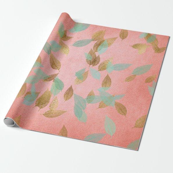 Wedding Bridal Coral Gold Falling Leafs Mint Wrapping Paper