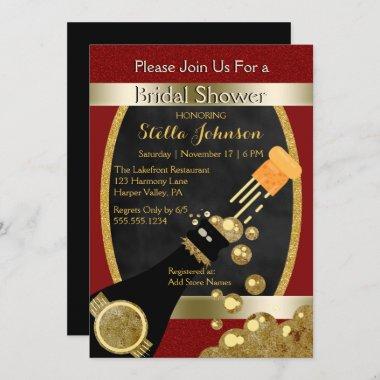 Wedding Bridal Shower | Chic Gold Red Champagne Invitations