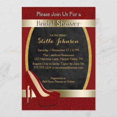 Wedding Bridal Shower | Chic Gold Red High Heels Invitations