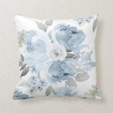 Wedding Bridal Shower Dusty Blue Watercolor Floral Throw Pillow