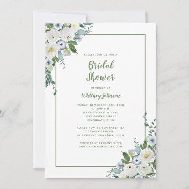 Wedding Bridal Shower Elegant Floral Green White Invitations