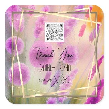 Wedding Bridal Shower Favor Watercolor Meadow Pink Square Sticker