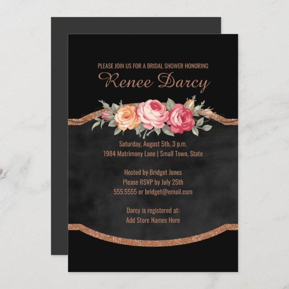 Wedding Bridal Shower | Floral Glitter Chalkboard Invitations
