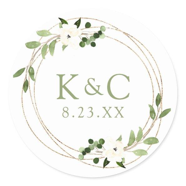 Wedding Bridal Shower Geometric Greenery Wreath Classic Round Sticker