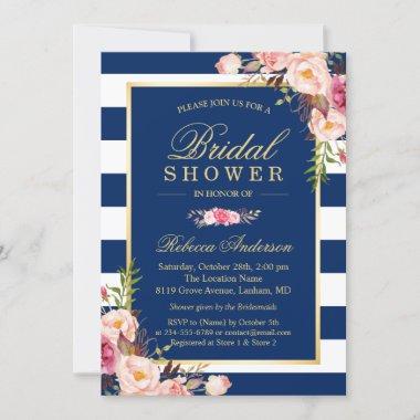 Wedding Bridal Shower | Navy Blue Stripes Floral Invitations