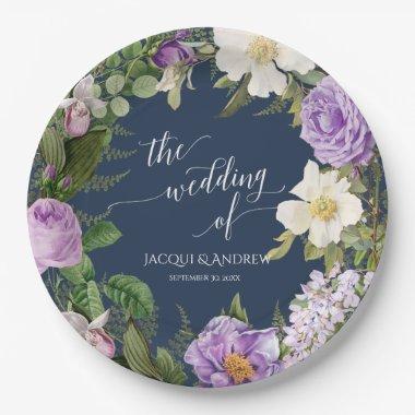 Wedding Bridal Shower Navy Lavender Roses Wreath Paper Plates