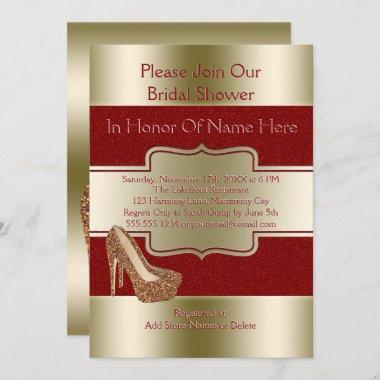 Wedding Bridal Shower | Red Gold Glitter Shoes Invitations