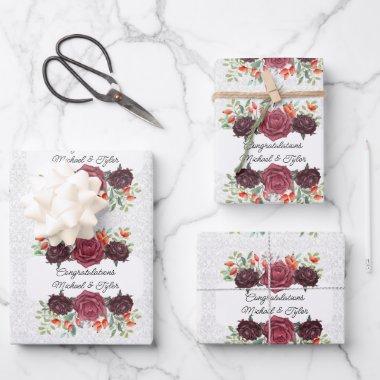 Wedding Burgundy Roses Personalize Names 3 Damask Wrapping Paper Sheets