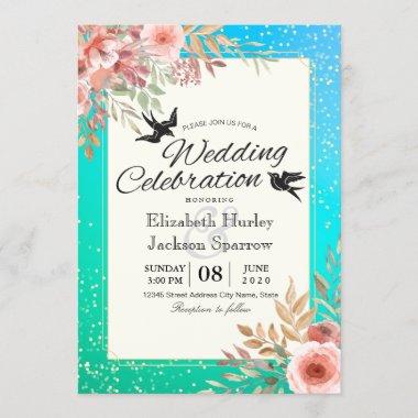 Wedding Celebration Pink Floral Teal Gold Confetti Invitations