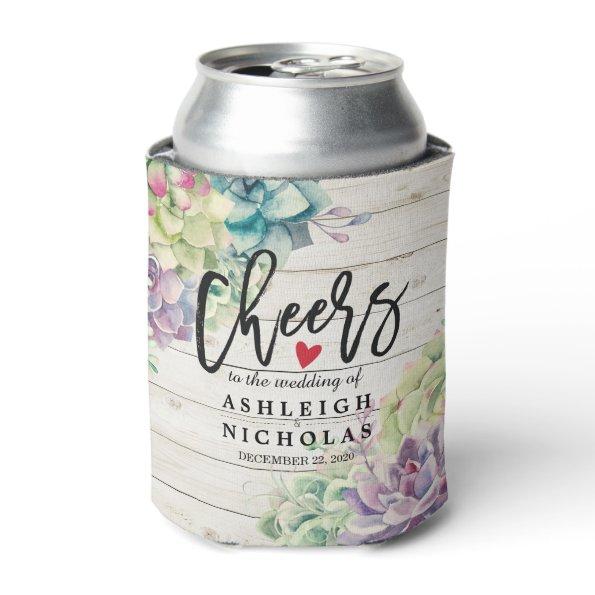 Wedding Cheers to Love Succulent Plant Rustic Wood Can Cooler