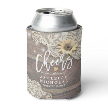 Wedding Cheers to Love Wood Lace Sunflowers Lights Can Cooler