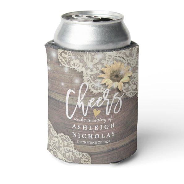 Wedding Cheers to Love Wood Lace Sunflowers Lights Can Cooler