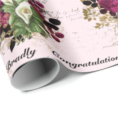 Wedding Congratulations Add Names Rose Ephemera Wrapping Paper