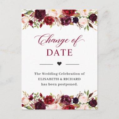 Wedding Date Postponed Burgundy Red Blush Floral PostInvitations